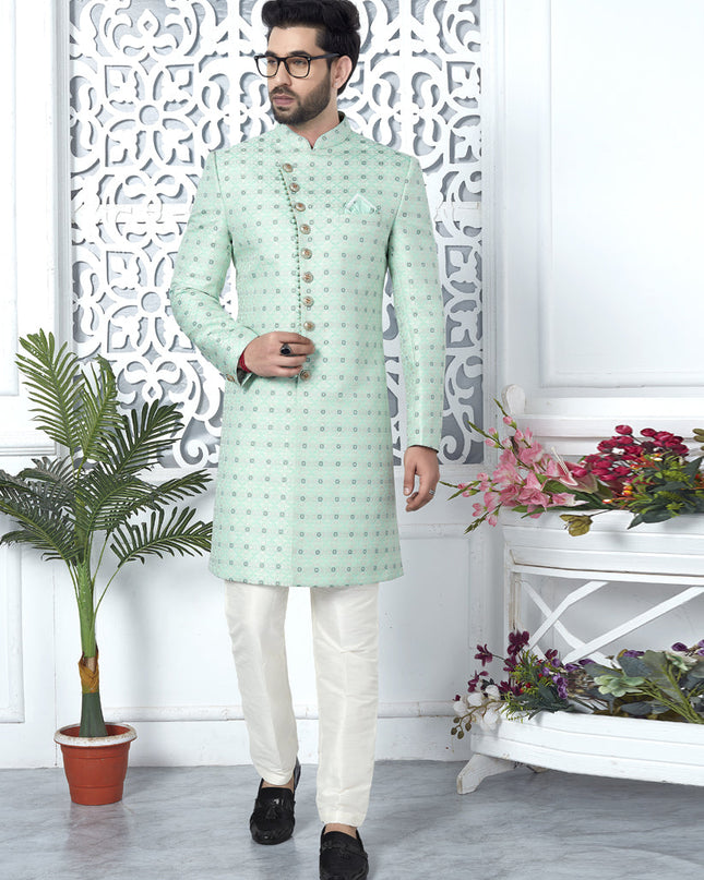 Mint Green Jacquard Silk Indo Western Outfit