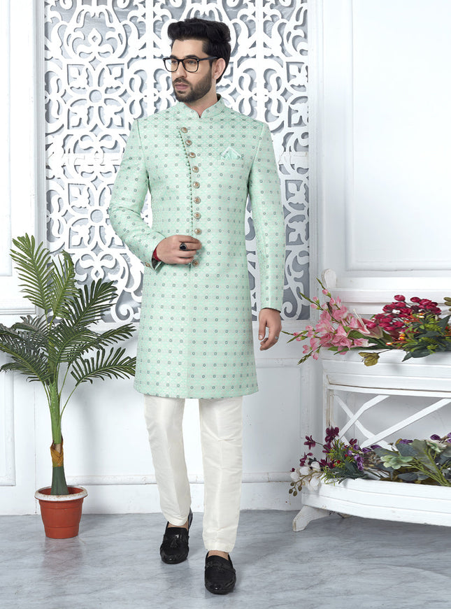 Mint Green Jacquard Silk Indo Western Outfit