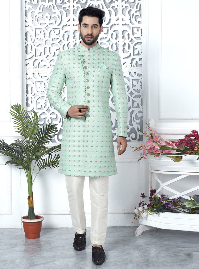 Mint Green Jacquard Silk Indo Western Outfit