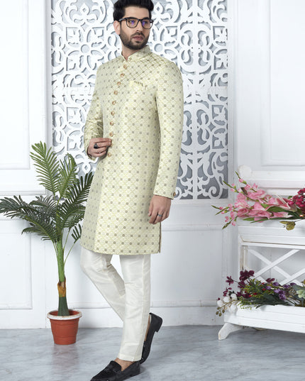 Pista Green Jacquard Silk Indo Western Outfit