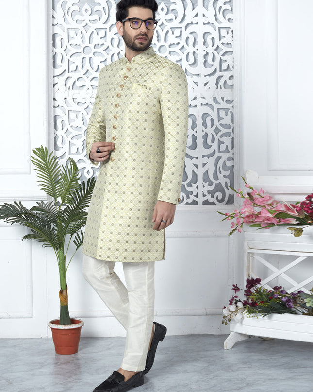 Pista Green Jacquard Silk Indo Western Outfit