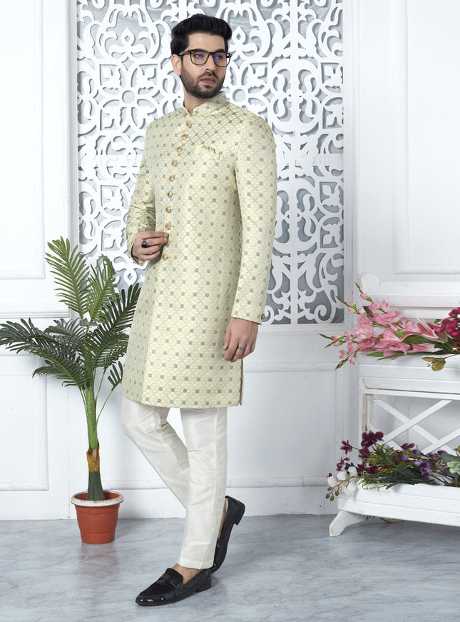 Pista Green Jacquard Silk Indo Western Outfit