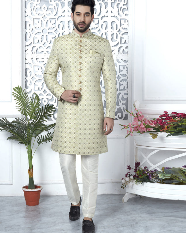 Pista Green Jacquard Silk Indo Western Outfit