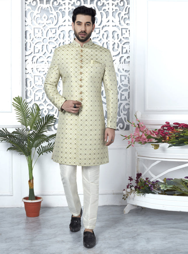 Pista Green Jacquard Silk Indo Western Outfit