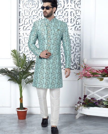Firozi Jacquard Silk Indo Western Outfit