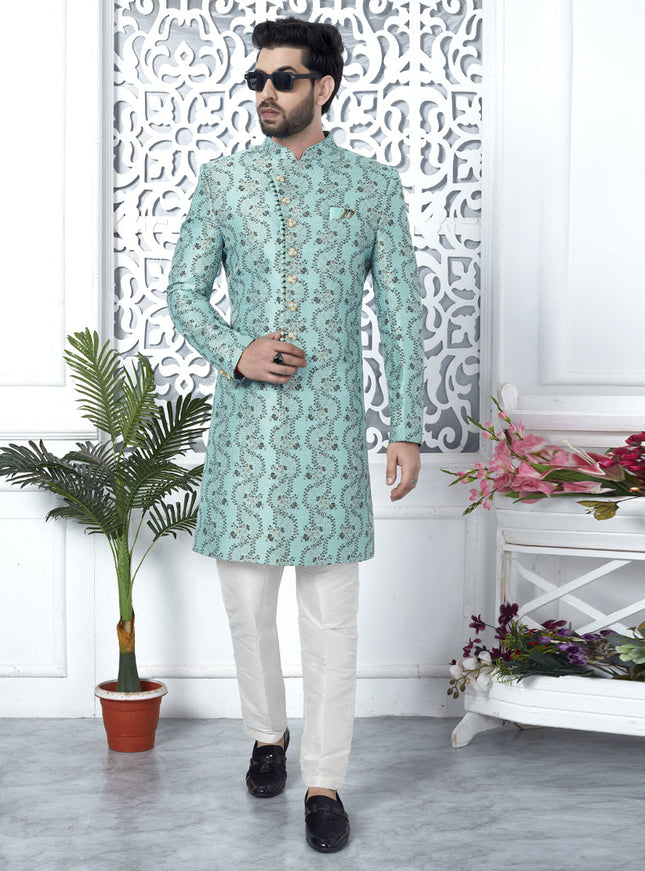 Firozi Jacquard Silk Indo Western Outfit