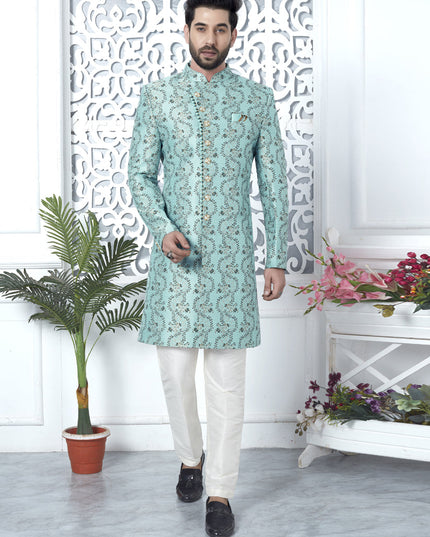 Firozi Jacquard Silk Indo Western Outfit