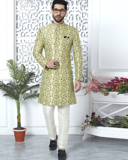 Pista Green Jacquard Silk Indo Western Outfit