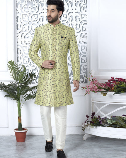 Pista Green Jacquard Silk Indo Western Outfit
