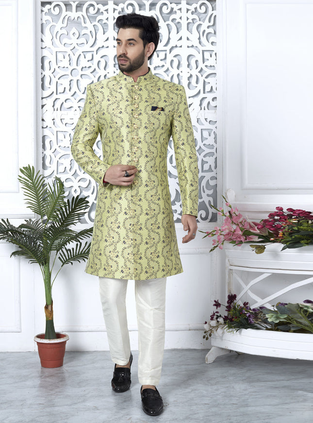 Pista Green Jacquard Silk Indo Western Outfit