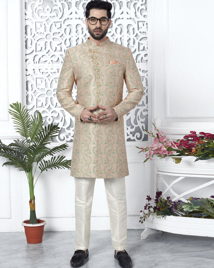 Peach Jacquard Silk Indo Western Outfit