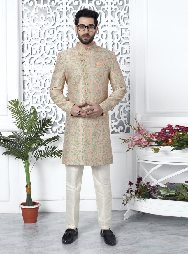 Peach Jacquard Silk Indo Western Outfit
