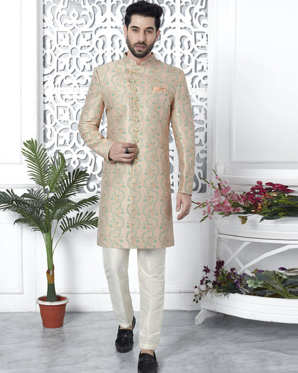 Peach Jacquard Silk Indo Western Outfit