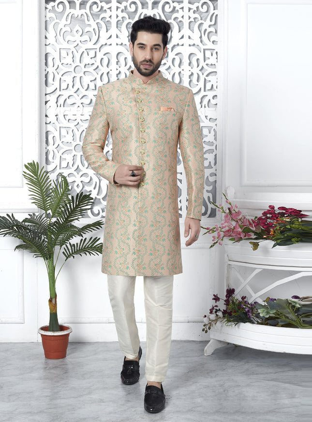 Peach Jacquard Silk Indo Western Outfit