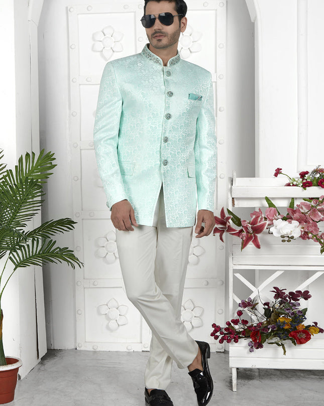 Firozi Green Jacquard Silk Blazer