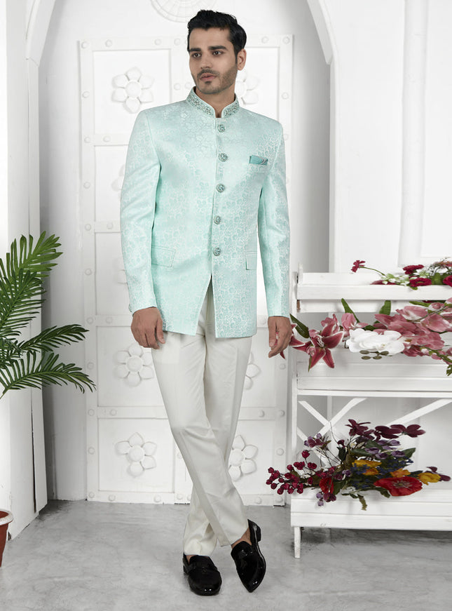 Firozi Green Jacquard Silk Blazer