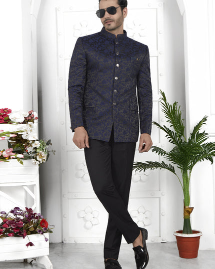 Navy Blue Jacquard Silk Blazer