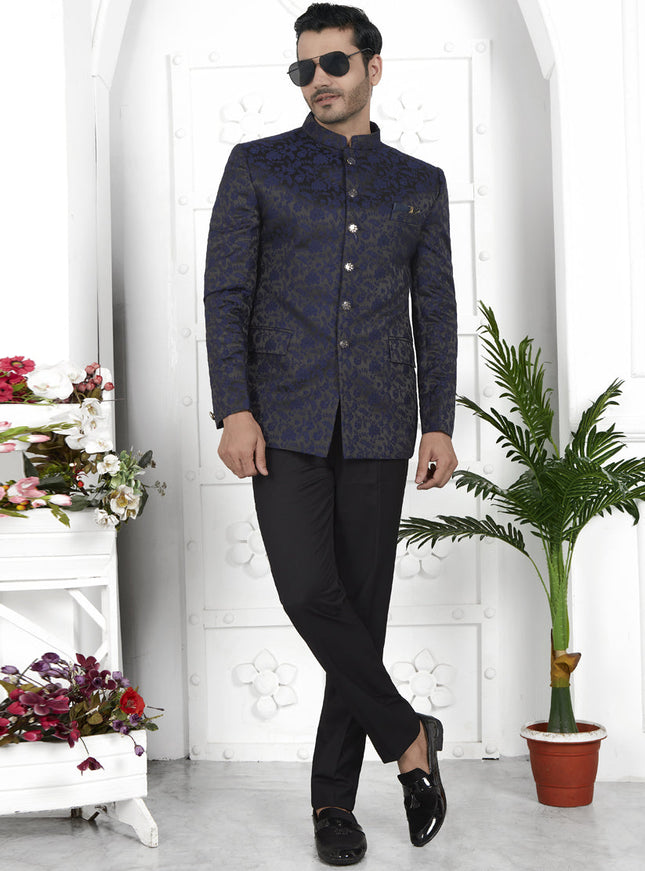 Navy Blue Jacquard Silk Blazer