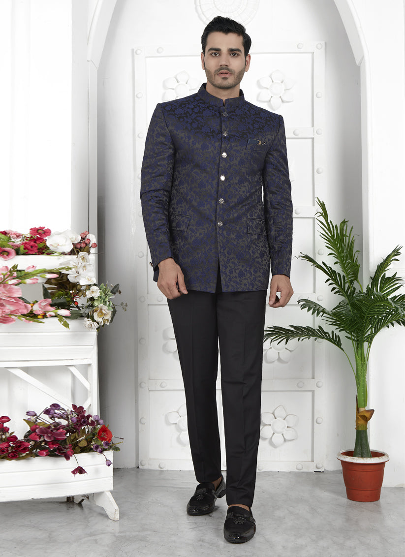 Navy Blue Jacquard Silk Blazer
