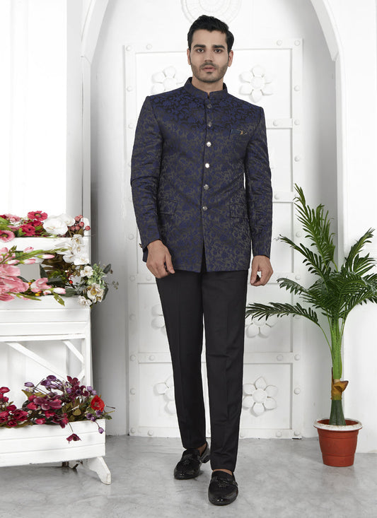 Navy Blue Jacquard Silk Blazer
