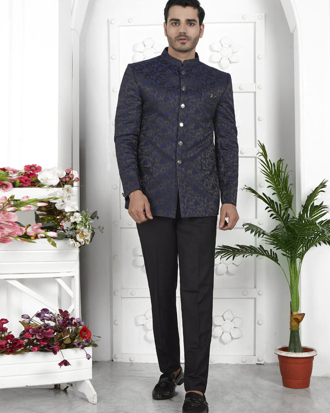 Navy Blue Jacquard Silk Blazer