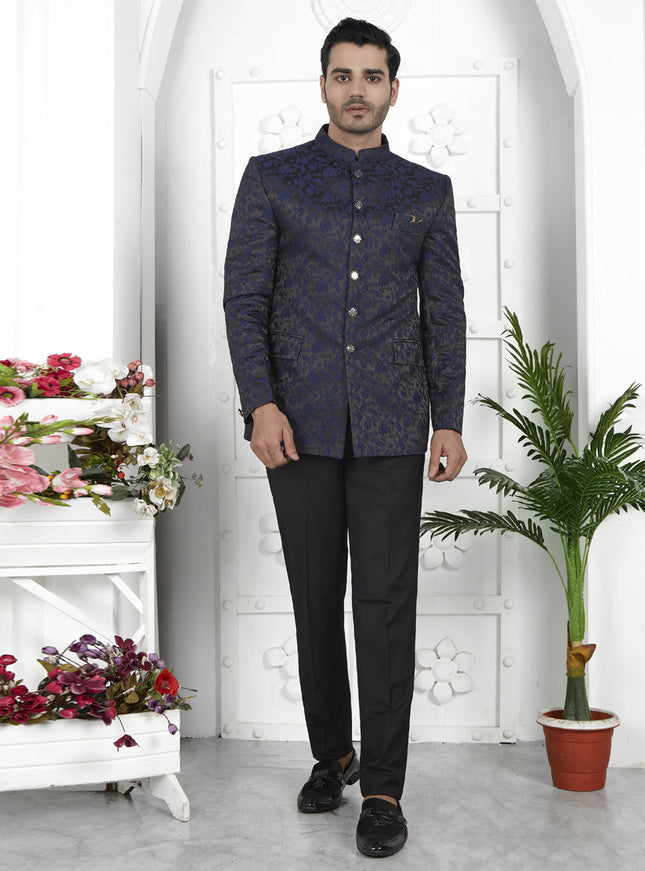 Navy Blue Jacquard Silk Blazer