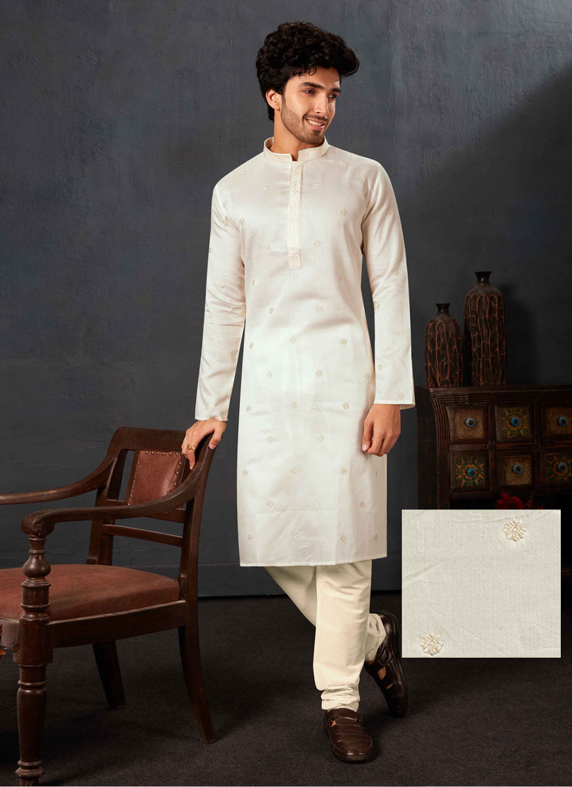 Off White Cotton Festival Wear Kurta Set