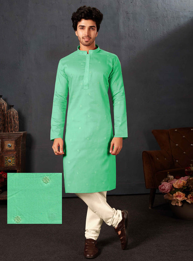 Sea Green Cotton Festival Wear Kurta Set