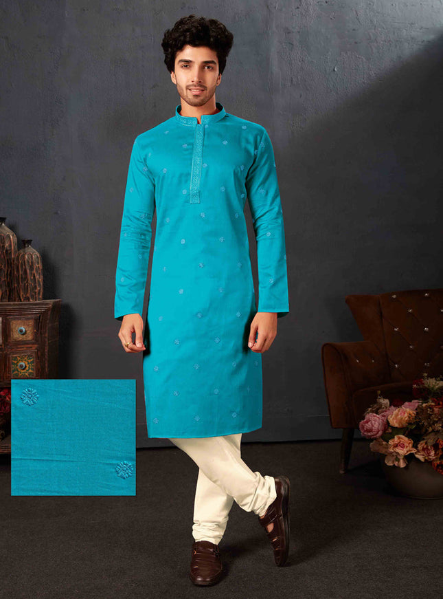 Teal Blue Cotton Festival Wear Kurta Set