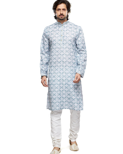 Teal Grey Cotton Kurta Pyjama Set