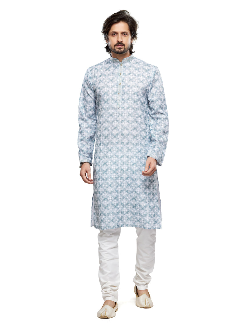Teal Grey Cotton Kurta Pyjama Set