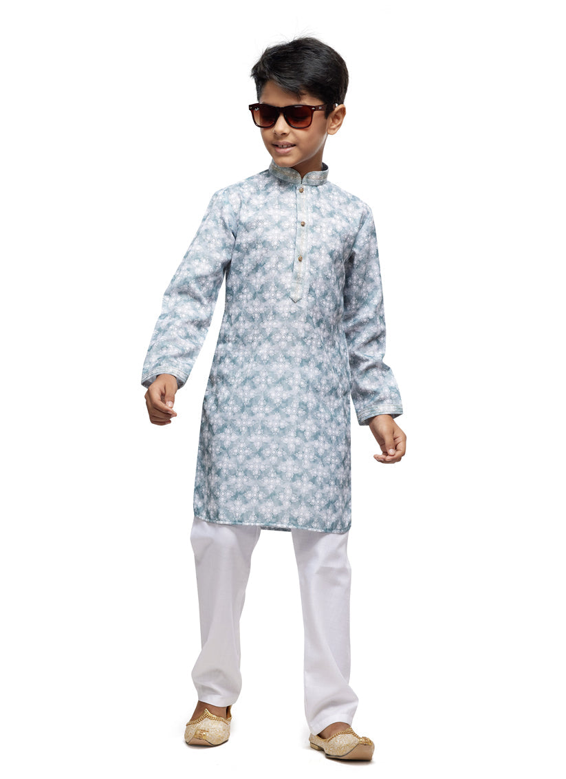 Teal Grey Boys Kurta Pyjama Set