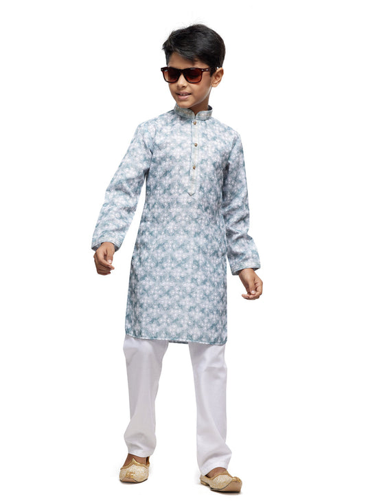 Teal Grey Boys Kurta Pyjama Set