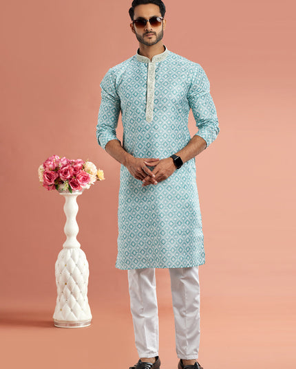 Sky Blue Cotton Mens Kurta Pajama Set