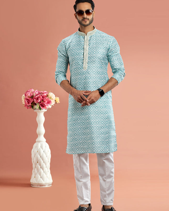 Sky Blue Cotton Mens Kurta Pajama Set