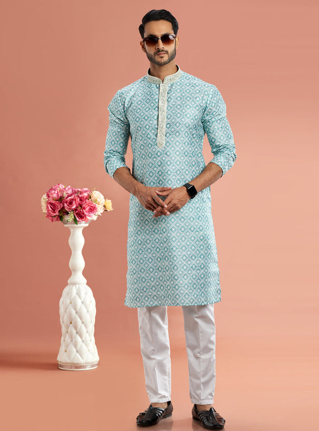 Sky Blue Cotton Mens Kurta Pajama Set