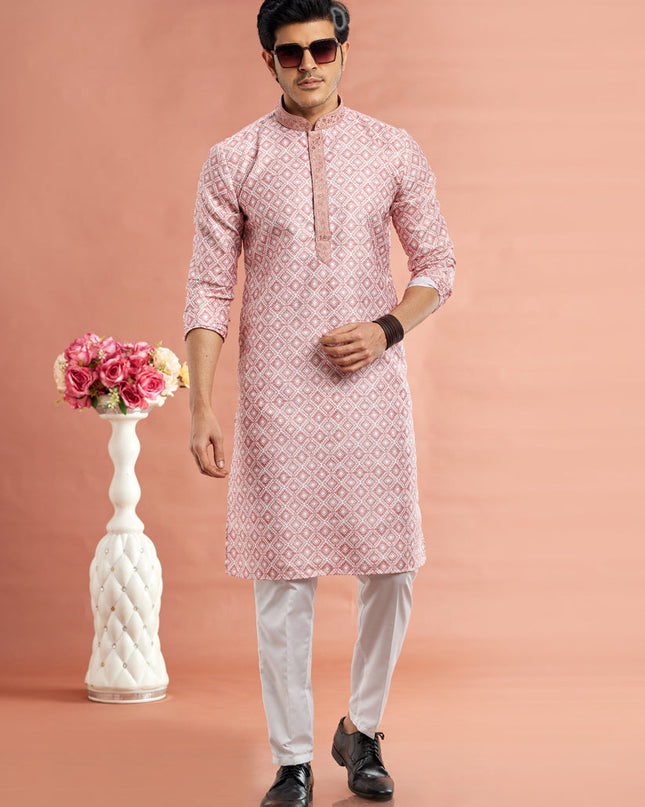 Pink Cotton Mens Kurta Pajama Set