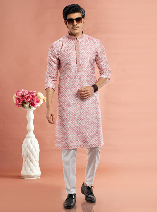 Pink Cotton Mens Kurta Pajama Set