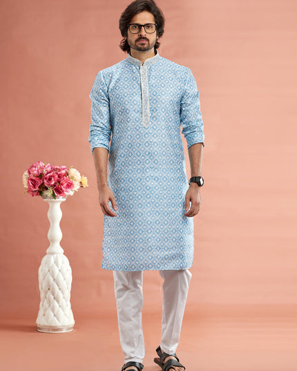 Sky Blue Cotton Mens Kurta Pajama Set