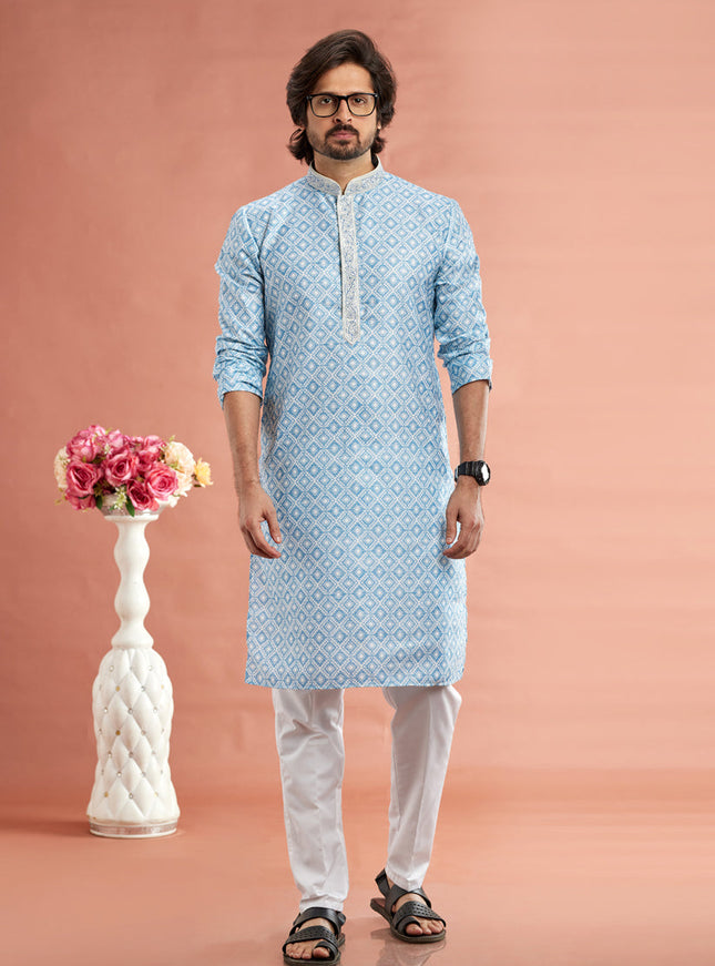 Sky Blue Cotton Mens Kurta Pajama Set