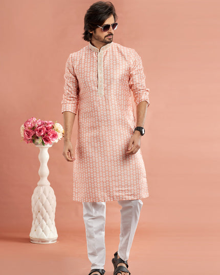 Peach Cotton Mens Kurta Pajama Set