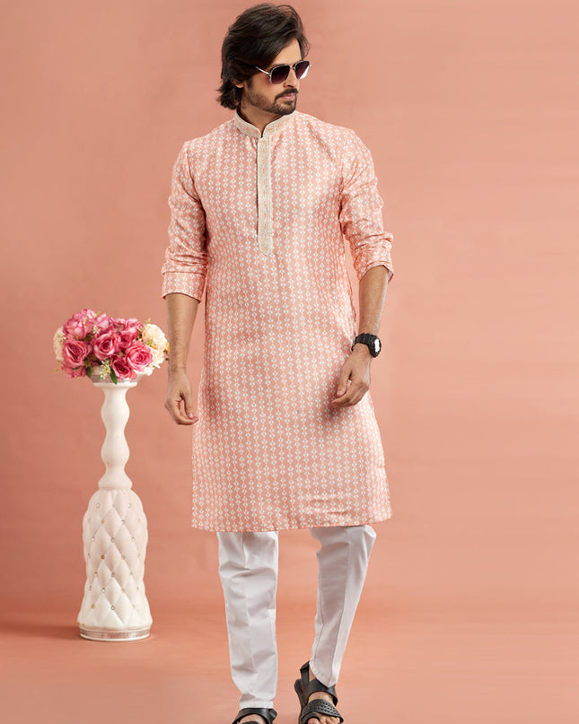 Peach Cotton Mens Kurta Pajama Set