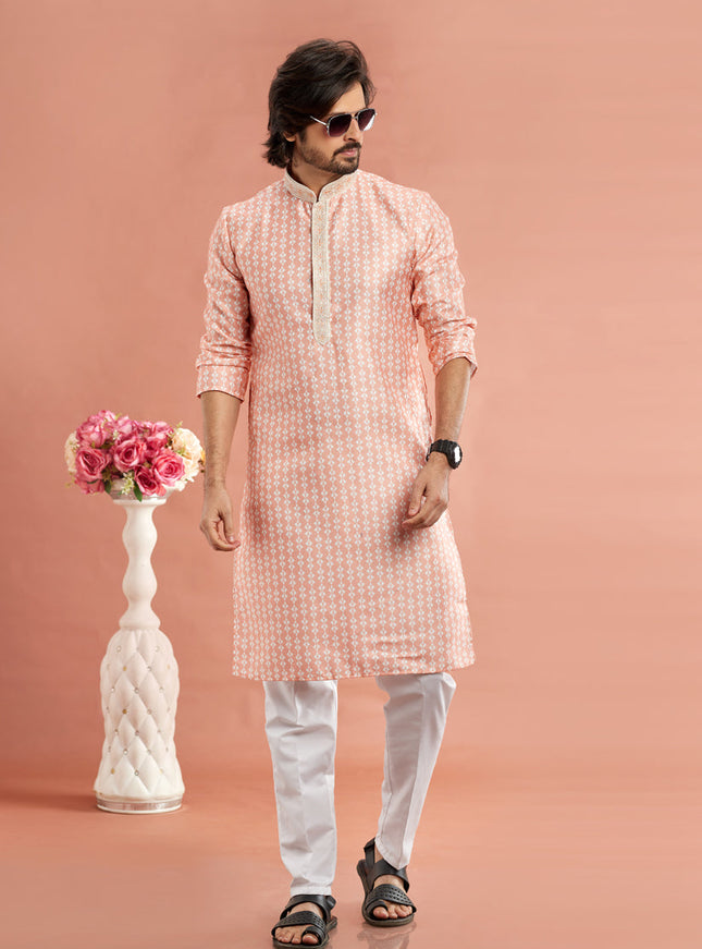 Peach Cotton Mens Kurta Pajama Set