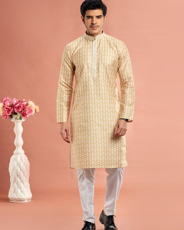 Beige Cotton Mens Kurta Pajama Set