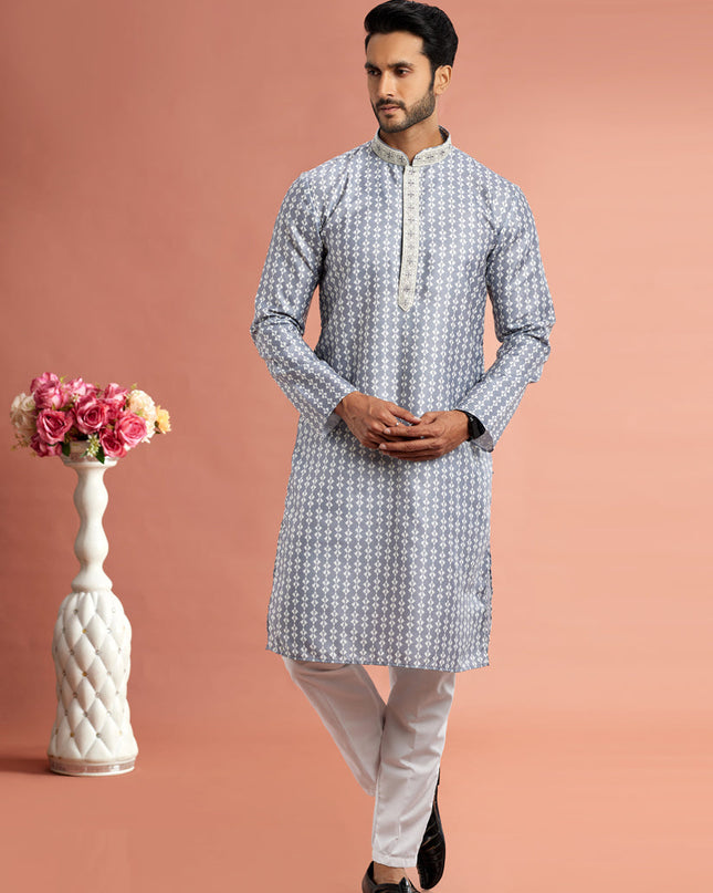 Grey Cotton Mens Kurta Pajama Set