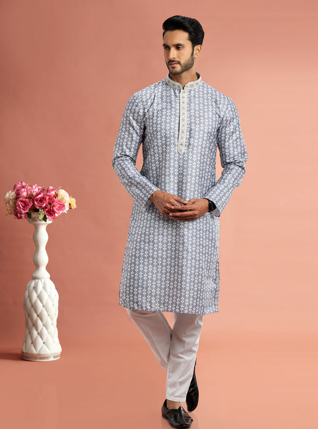 Grey Cotton Mens Kurta Pajama Set