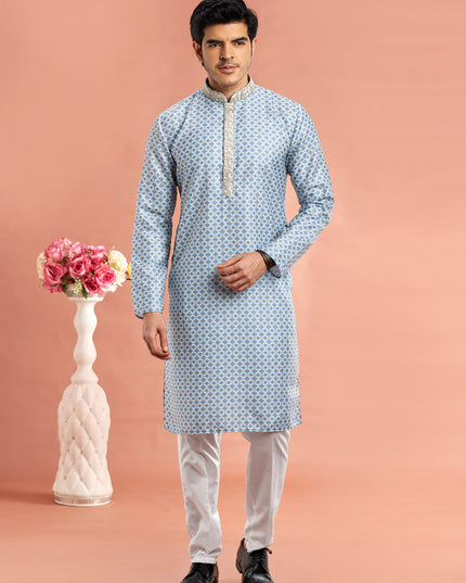 Blue Cotton Mens Kurta Pajama Set