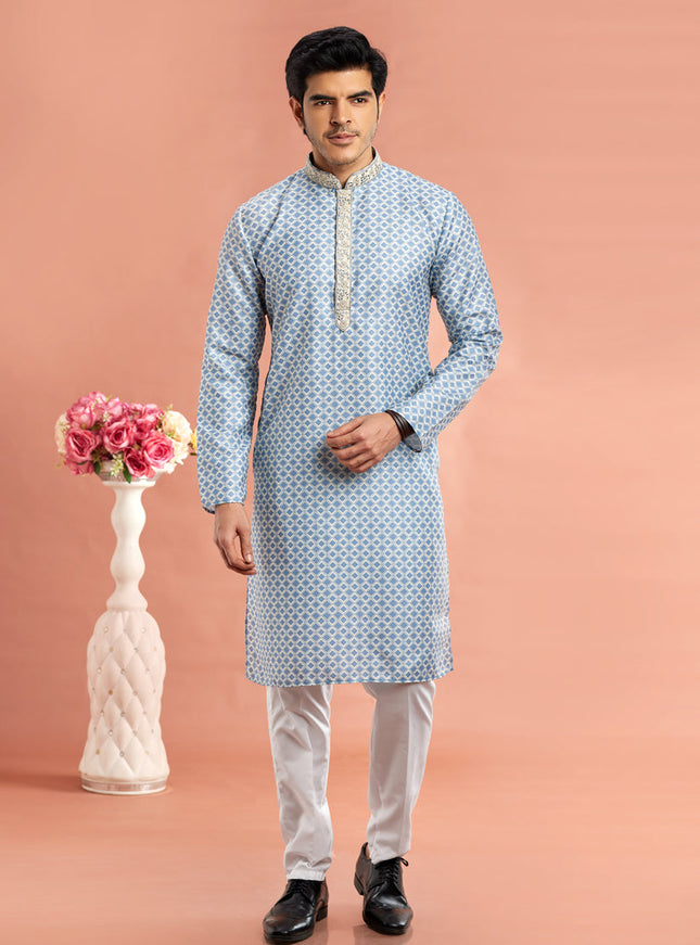 Blue Cotton Mens Kurta Pajama Set