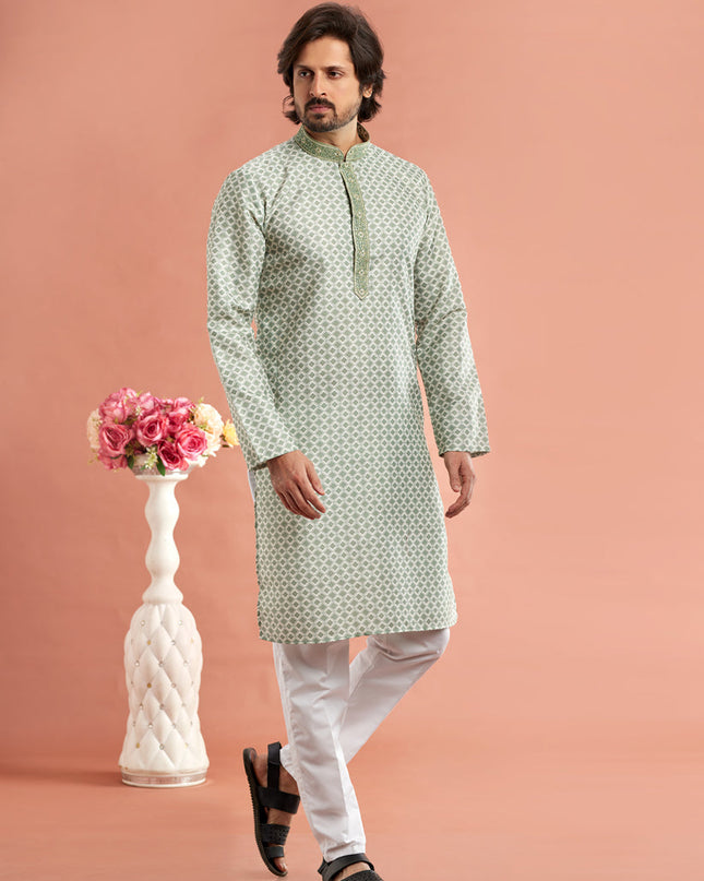 Mehndi Cotton Mens Kurta Pajama Set
