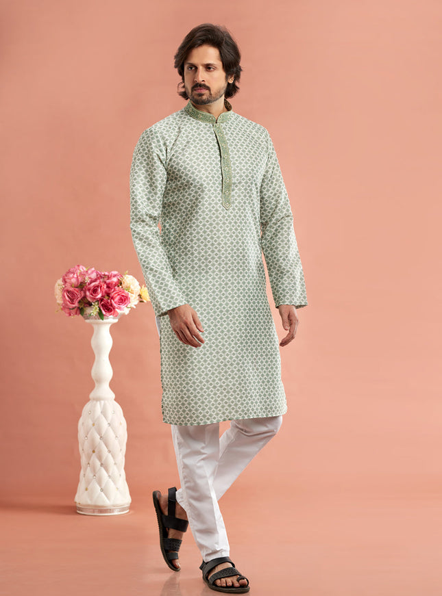 Mehndi Cotton Mens Kurta Pajama Set